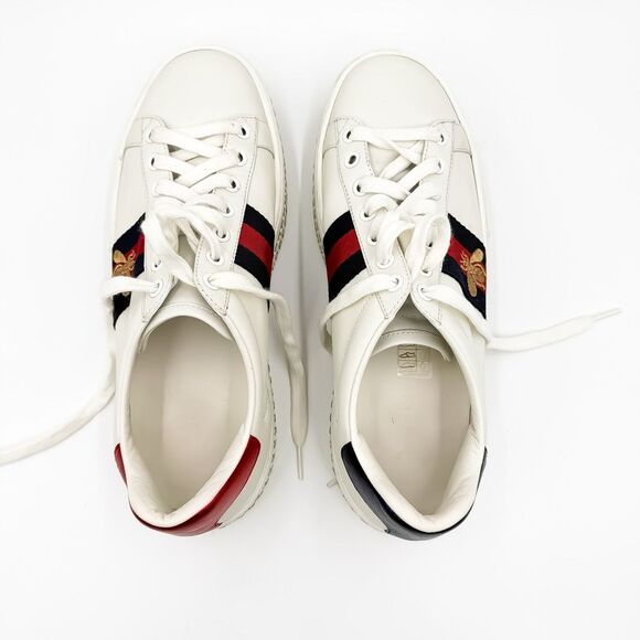 Gucci Ace Web Stripe Crystal Platform White Leather Bee Sneakers Size 37.5, 7.5 - Picture 10 of 15